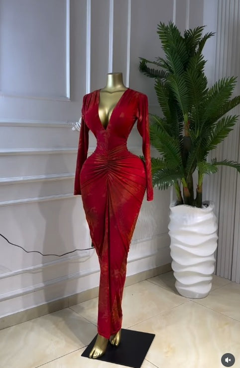 Long sleeved INS tie dye printed V-neck long sleeved pleated long skirt sexy high stretch dress