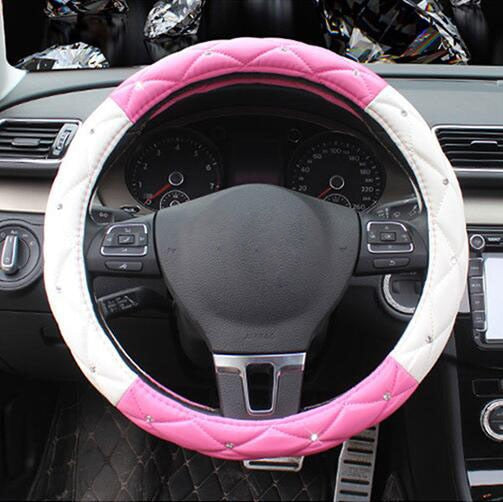 Leather Steering Wheel Covers Crystal Studded Rhinestone Car Steering-Wheel Cover Cases Pink Car Interior Accessories For Girls