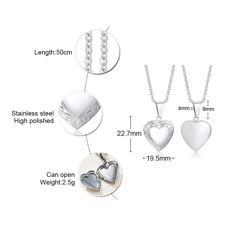 Heart shaped zircon inlaid women's Necklace Pendant Stainless Steel love openable Photo Box Gold