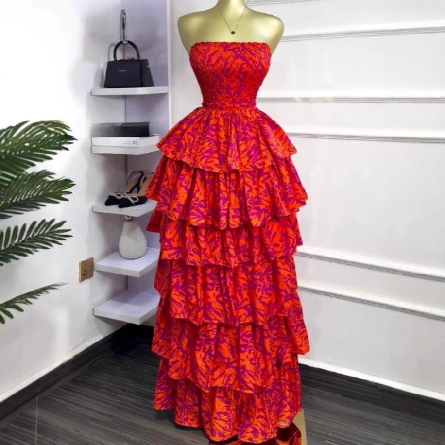 Elegant Strapless Detachable Back Beach Dress with Ruffle Tiered Long Dress