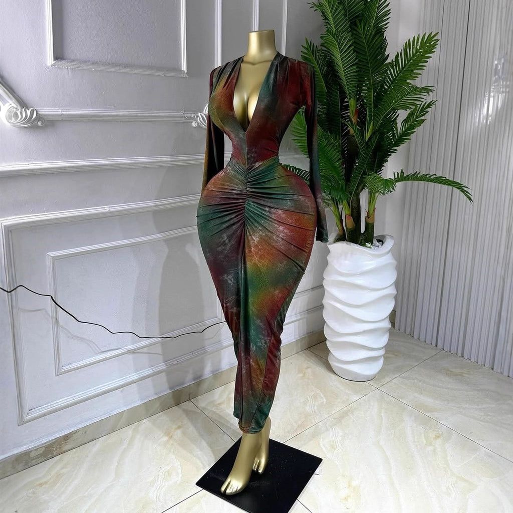 Long sleeved INS tie dye printed V-neck long sleeved pleated long skirt sexy high stretch dress