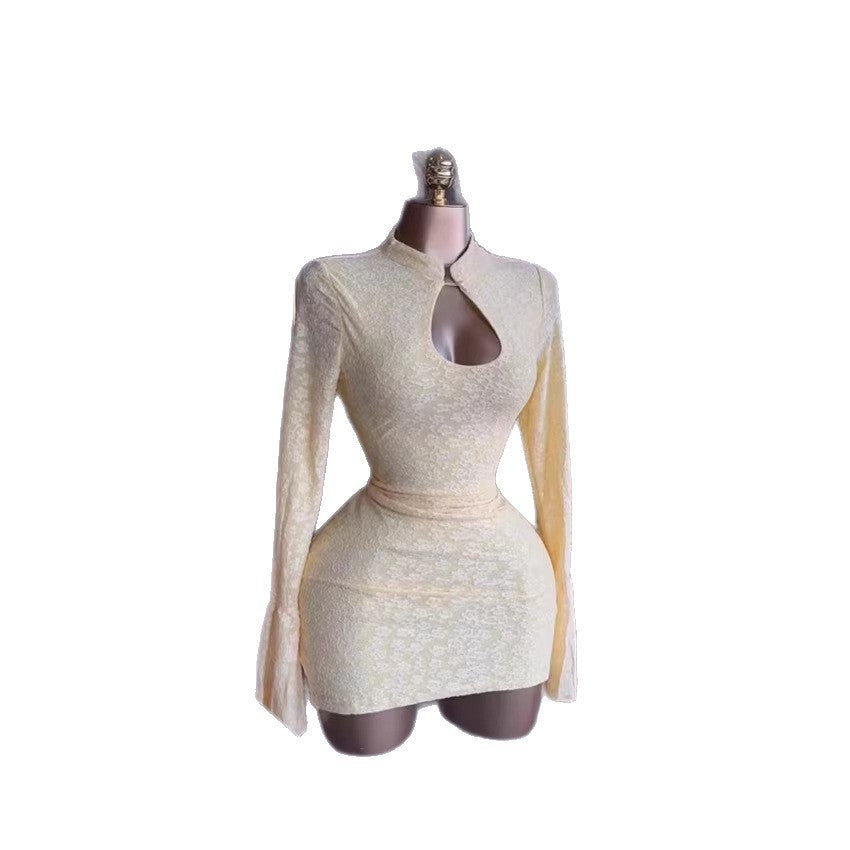 Sweet Hollow-Out Jacquard Long Sleeve Mini Dress, Reversible Sexy Dres Women's Fashion Dress