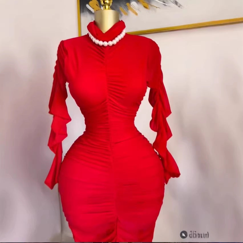 Clothing  Elegant Two-Piece Dress Set Long Sleeve Pleated Sexy Maxi Dress with Built-in Camisole