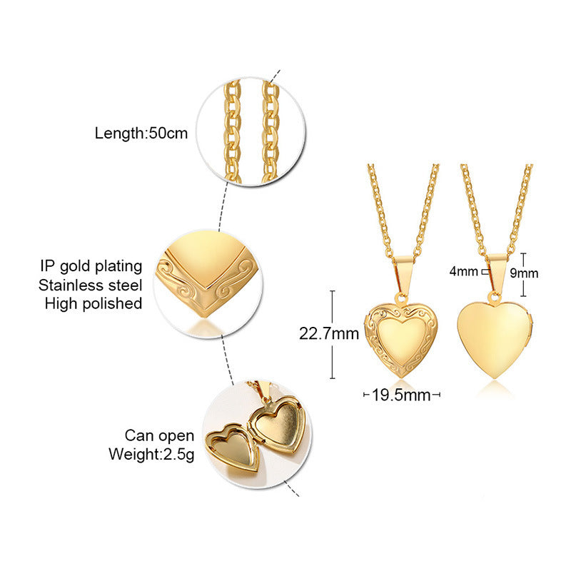 Heart shaped zircon inlaid women's Necklace Pendant Stainless Steel love openable Photo Box Gold