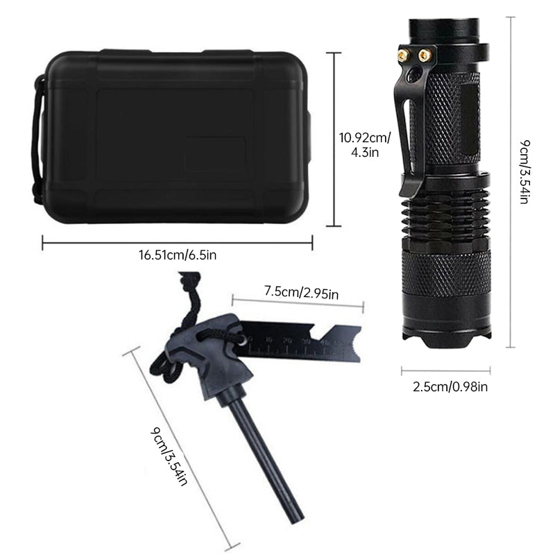 Military-grade outdoor travel survival kit with mini camping tools, emergency bracelet, whistle, blanket and knife.