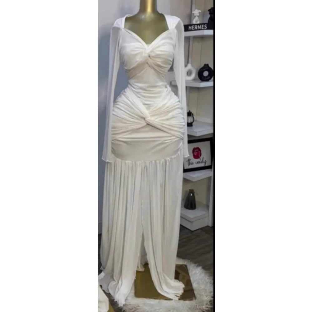 Style Sheer Solid Color Long Sleeve Sexy Fitted Strapless Maxi Dress