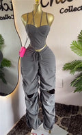 Retro Cargo Pants Women High Waist Straight Leg Pleated Pants Slimming Strapless Top Sleeveless 2-Piece Set