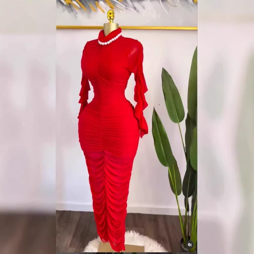 Clothing  Elegant Two-Piece Dress Set Long Sleeve Pleated Sexy Maxi Dress with Built-in Camisole