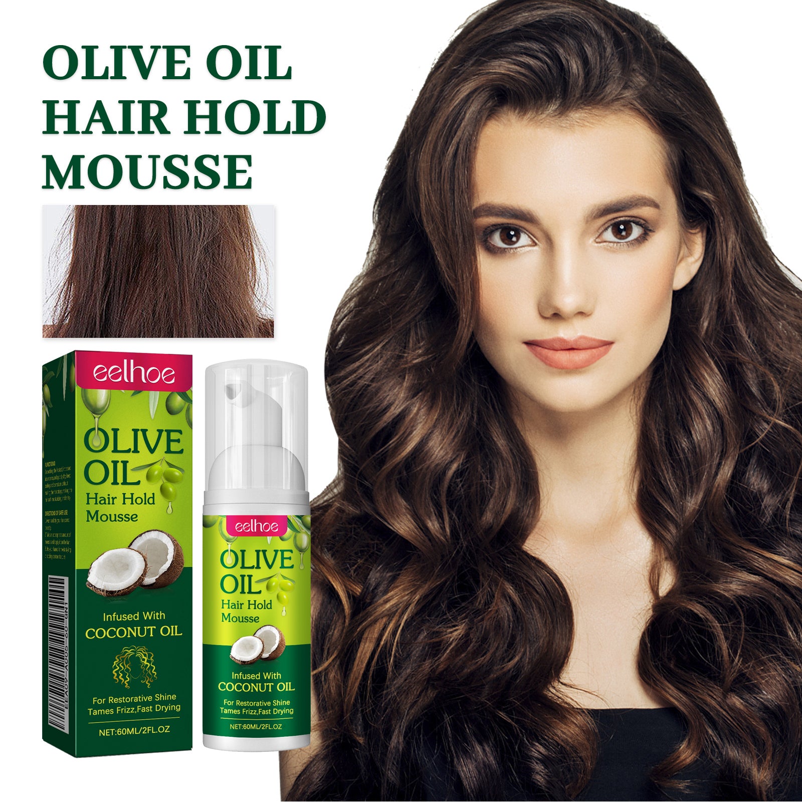EELHOE Olive Oil Hair Hold Mousse, Curly Hair Styling Moisturizing And Curling Style Durable Frizz Proof Mousse