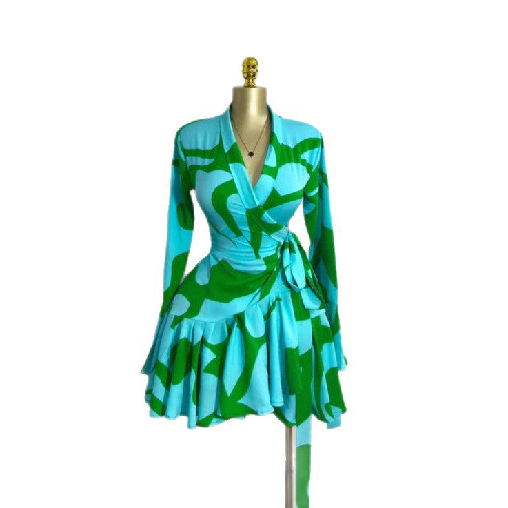 Style Women's Dress with Long Sleeves, V-Neck, Belted Waist, Printed Ruffle Mini Skirt
