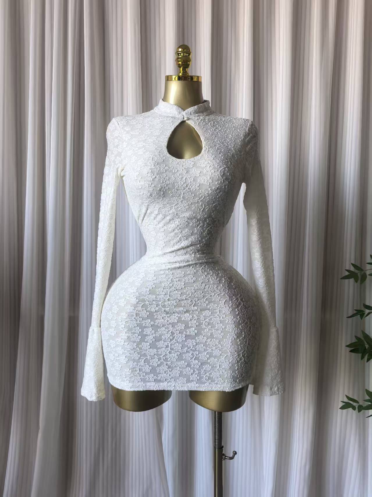 Sweet Hollow-Out Jacquard Long Sleeve Mini Dress, Reversible Sexy Dres Women's Fashion Dress