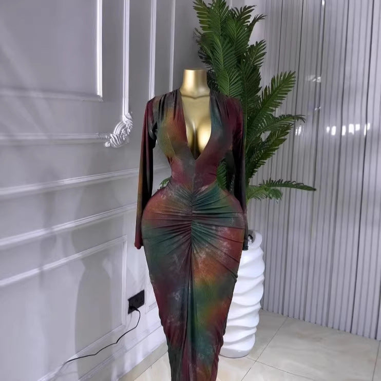 Long sleeved INS tie dye printed V-neck long sleeved pleated long skirt sexy high stretch dress