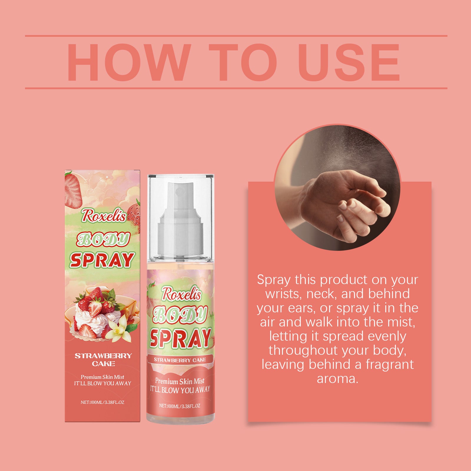 Roxelis Strawberry Cake Body Fragrance Spray Long-Lasting Fresh Fragrance With Soft Tone Stay Fragrance Multi-Level Light Elegant Perfume Spray