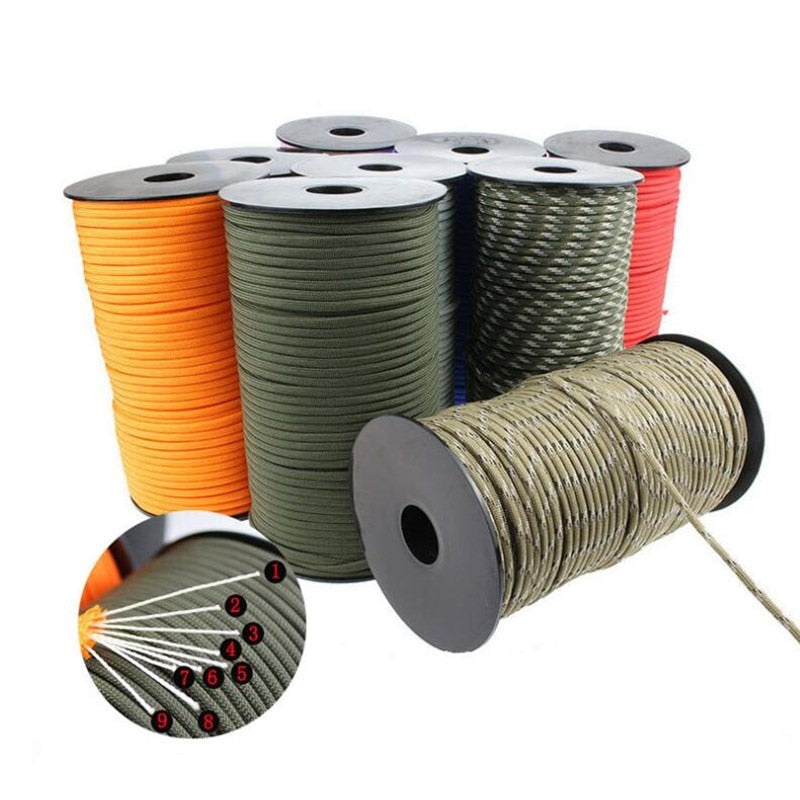 100M 550 Military Standard 9-Core Paracord Rope 4mm Outdoor Parachute Cord Camping Survival Umbrella Tent Lanyard Strap Bundle