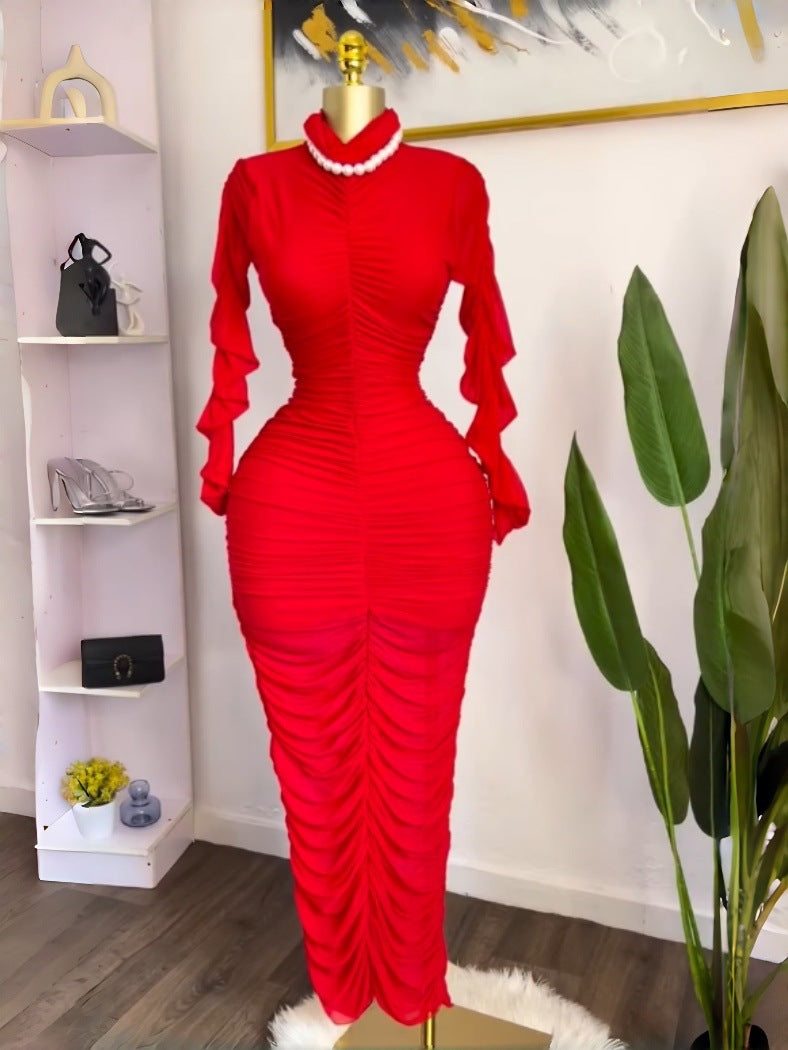 Clothing  Elegant Two-Piece Dress Set Long Sleeve Pleated Sexy Maxi Dress with Built-in Camisole