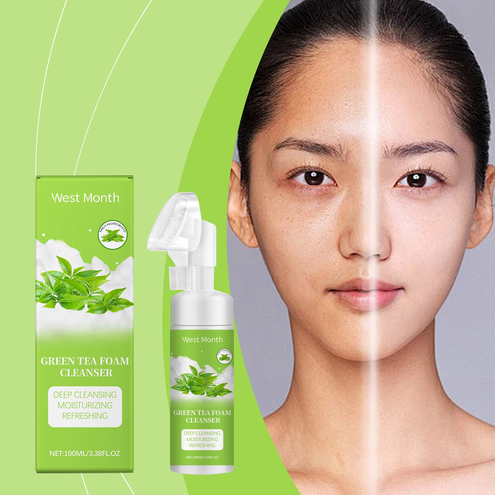 West&Month Green Tea Foam Cleanser Gently Cleanses Facial Skin, Delicate Pores, Refreshing And Moisturizing