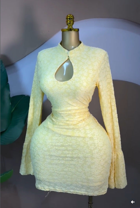 Sweet Hollow-Out Jacquard Long Sleeve Mini Dress, Reversible Sexy Dres Women's Fashion Dress