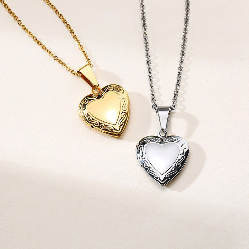 Heart shaped zircon inlaid women's Necklace Pendant Stainless Steel love openable Photo Box Gold