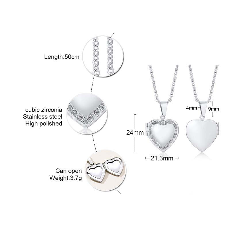 Heart shaped zircon inlaid women's Necklace Pendant Stainless Steel love openable Photo Box Gold
