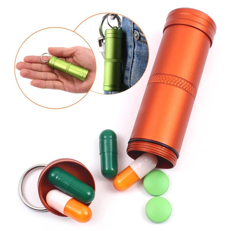 Camping Survival Waterproof Pills Box Container Aluminum Medicine Bottle Keychain Outdoor Emergency Gear EDC Travel Kits Tool