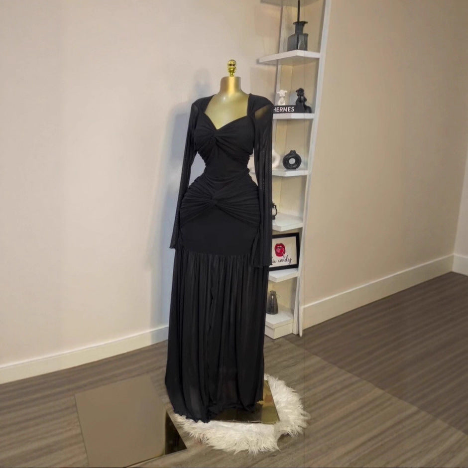 Style Sheer Solid Color Long Sleeve Sexy Fitted Strapless Maxi Dress