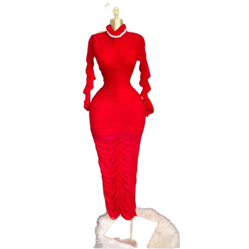 Clothing  Elegant Two-Piece Dress Set Long Sleeve Pleated Sexy Maxi Dress with Built-in Camisole