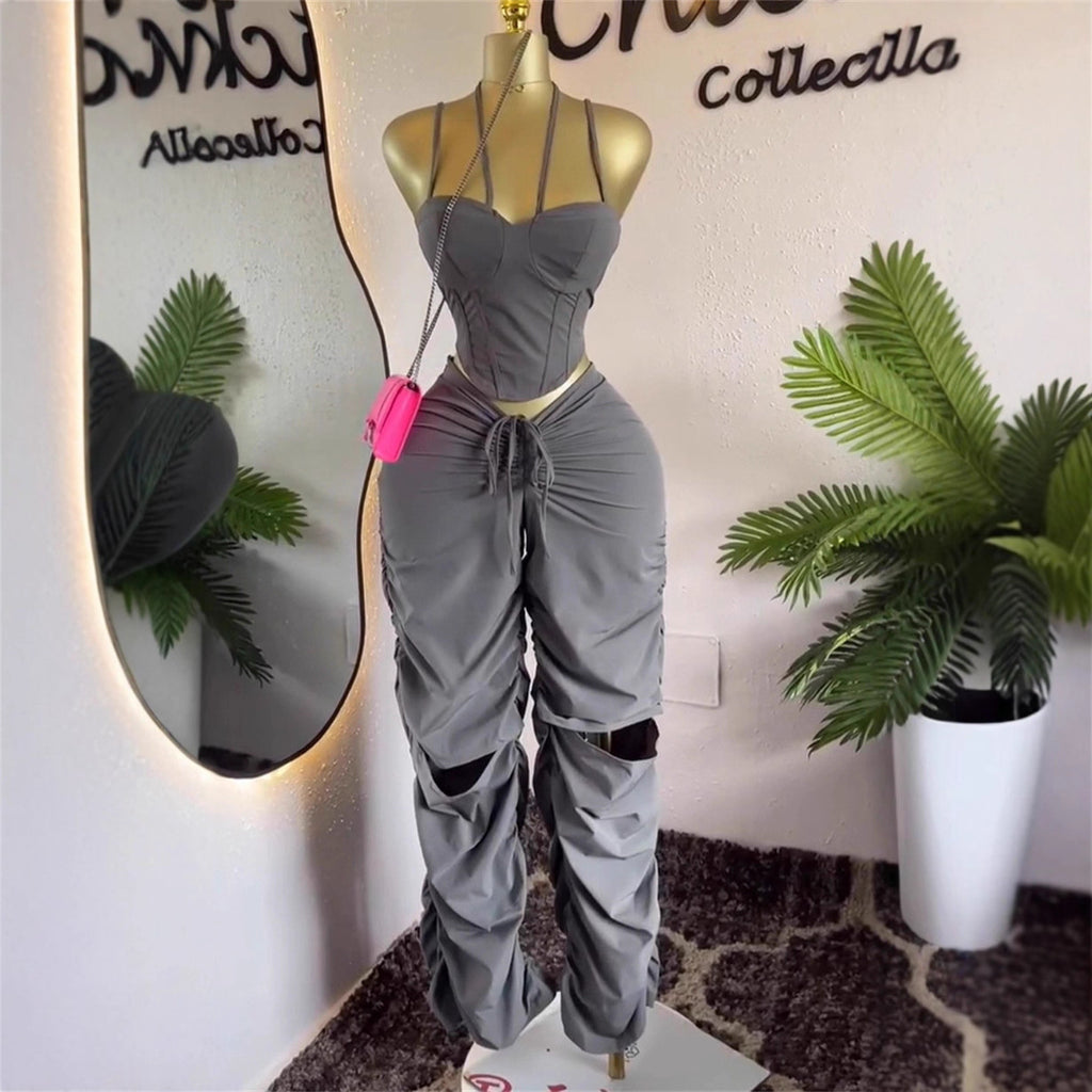 Retro Cargo Pants Women High Waist Straight Leg Pleated Pants Slimming Strapless Top Sleeveless 2-Piece Set