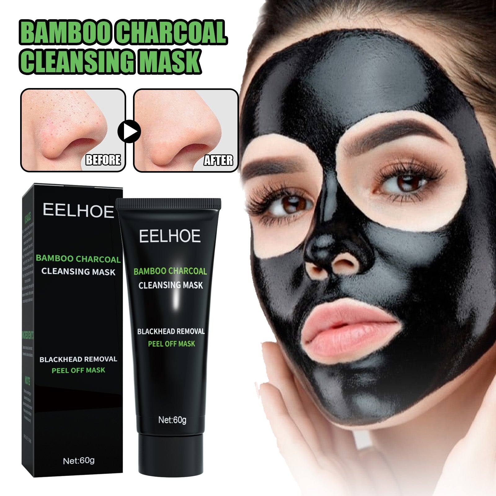 Bamboo Charcoal Blackhead Removal Mask, Deep Cleanse Pores And Acne T-Zone Oil Control With A Peel Mask