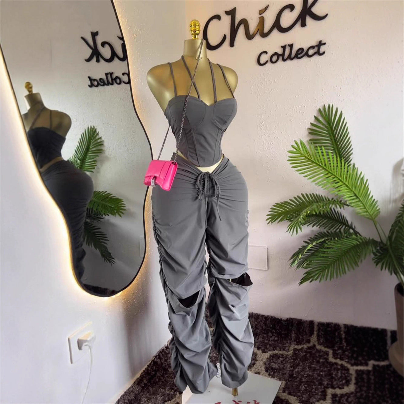 Retro Cargo Pants Women High Waist Straight Leg Pleated Pants Slimming Strapless Top Sleeveless 2-Piece Set