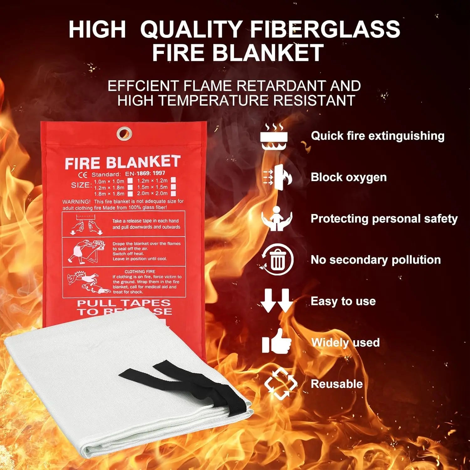Emergency Fire Blanket Fiberglass Flame Retardant Suppression Blanket for Home Kitchen Safety Survival Cover