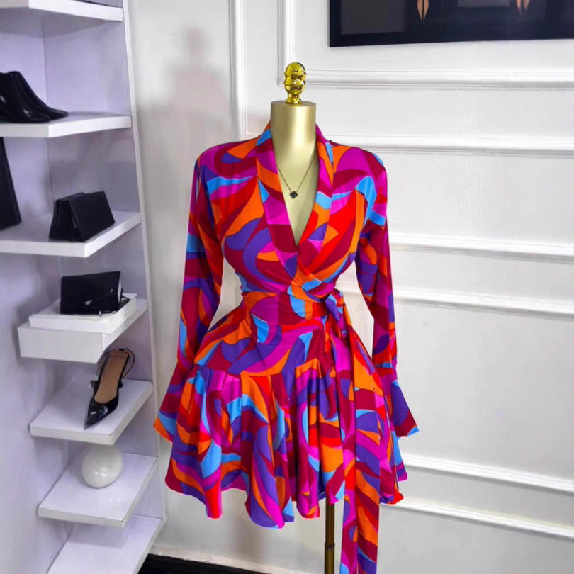 Style Women's Dress with Long Sleeves, V-Neck, Belted Waist, Printed Ruffle Mini Skirt