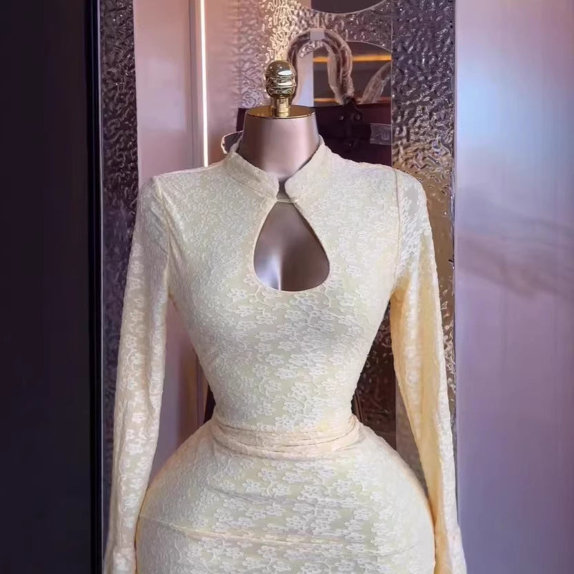 Sweet Hollow-Out Jacquard Long Sleeve Mini Dress, Reversible Sexy Dres Women's Fashion Dress
