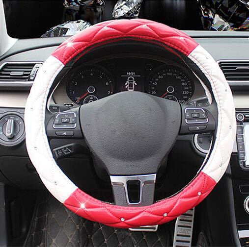 Leather Steering Wheel Covers Crystal Studded Rhinestone Car Steering-Wheel Cover Cases Pink Car Interior Accessories For Girls