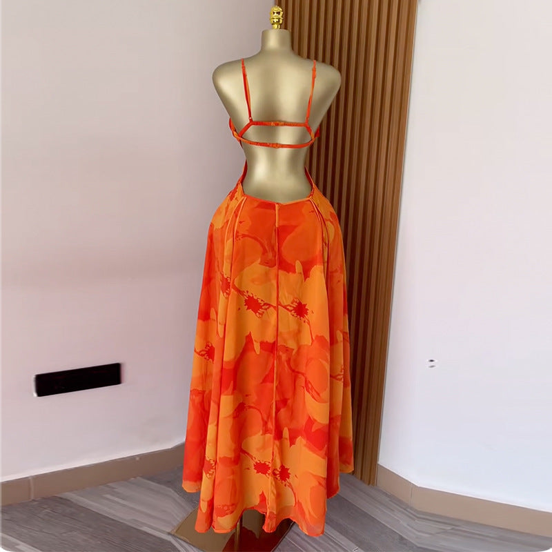Summer Casual Boho Tie-Dye Print Strapless Backless Maxi Dress for Women