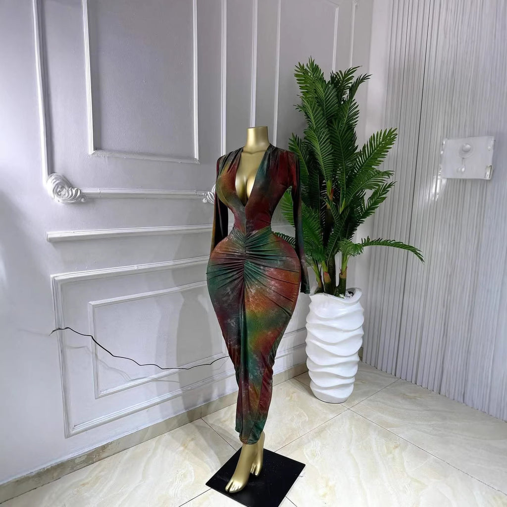 Long sleeved INS tie dye printed V-neck long sleeved pleated long skirt sexy high stretch dress