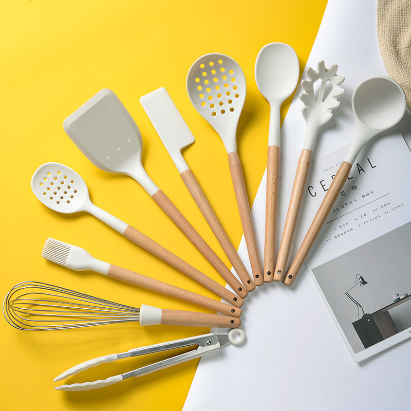 Milky White Silicone Kitchen Set Non-Stick Silicone Kitchen Utensils Cooking Spatula 10-Piece Set With Storage Bucket