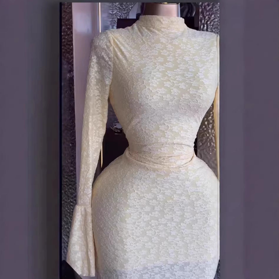 Sweet Hollow-Out Jacquard Long Sleeve Mini Dress, Reversible Sexy Dres Women's Fashion Dress