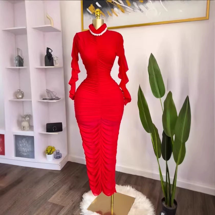 Clothing  Elegant Two-Piece Dress Set Long Sleeve Pleated Sexy Maxi Dress with Built-in Camisole