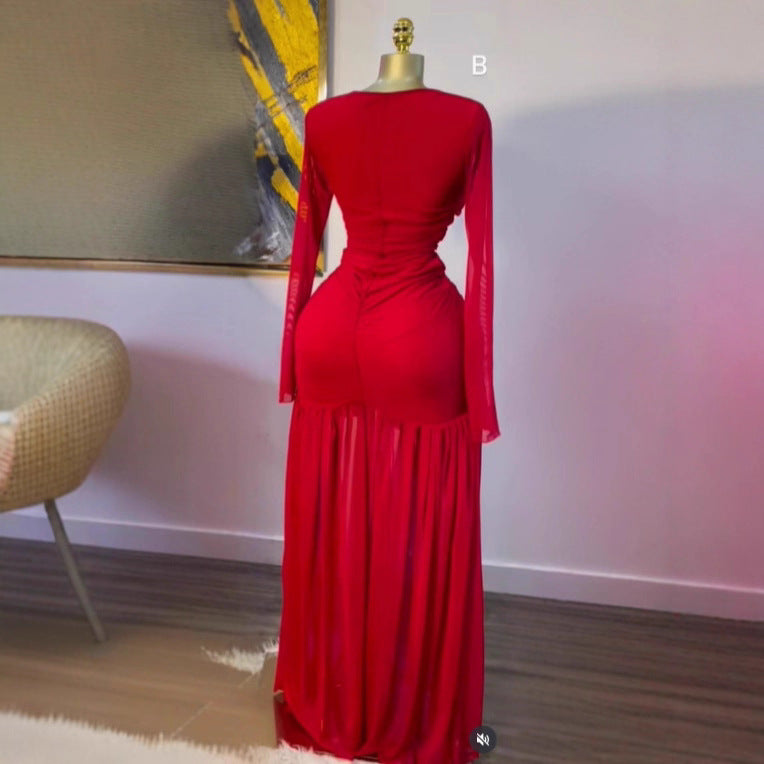 Style Sheer Solid Color Long Sleeve Sexy Fitted Strapless Maxi Dress