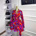 Style Women's Dress with Long Sleeves, V-Neck, Belted Waist, Printed Ruffle Mini Skirt
